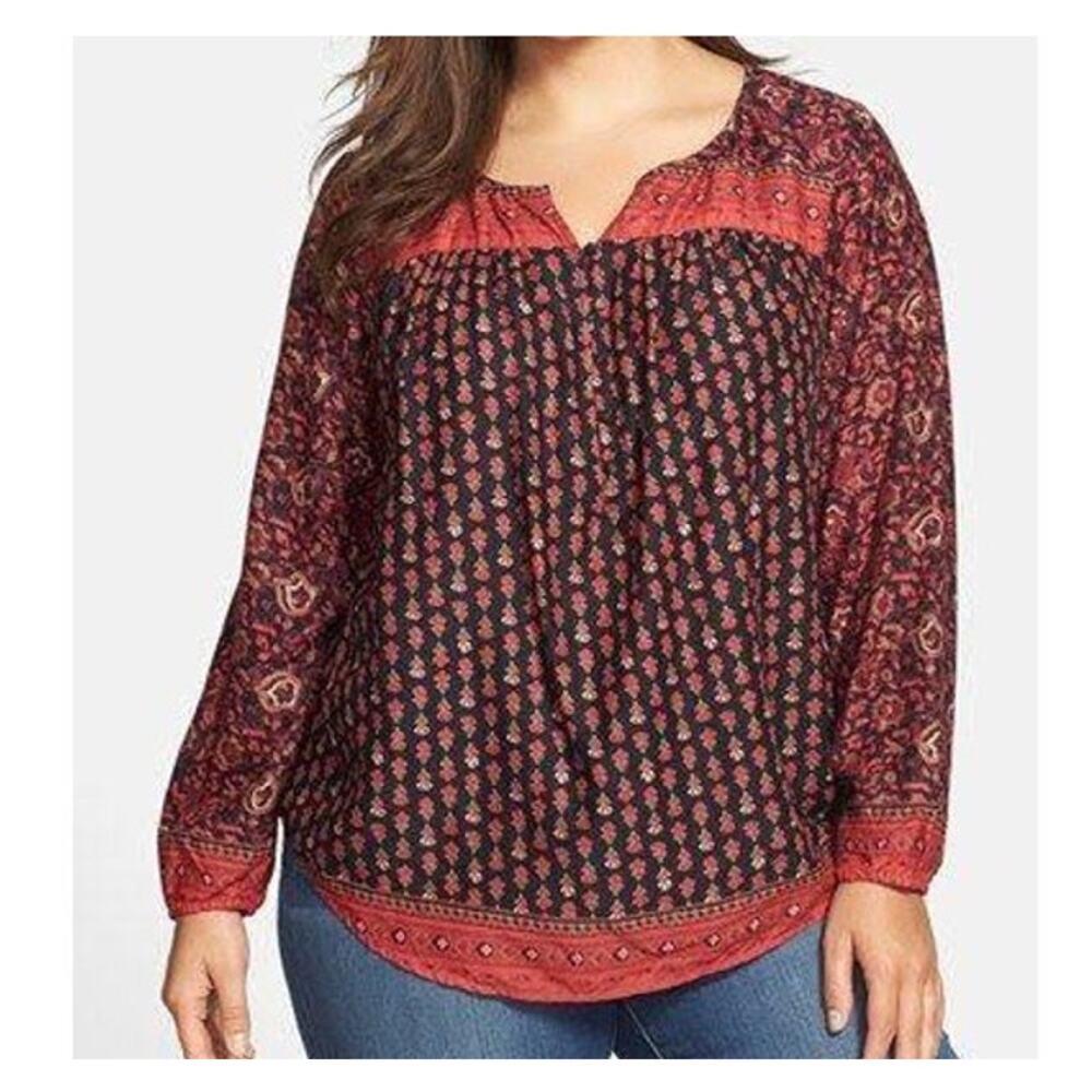 Lucky Brand Boho Tunic Blouse Large Black Red Floral Henley Indie Festival